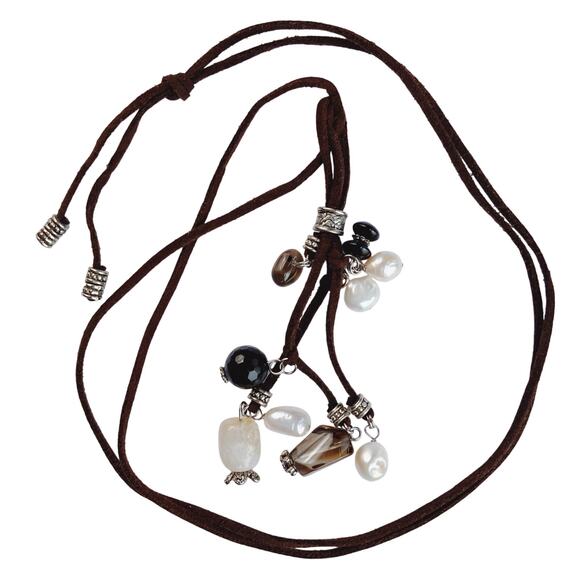 VTG Gemstone Freshwater Pearls Long Necklace Spinel Quartz Tourmaline Suede Boho - Picture 5 of 12